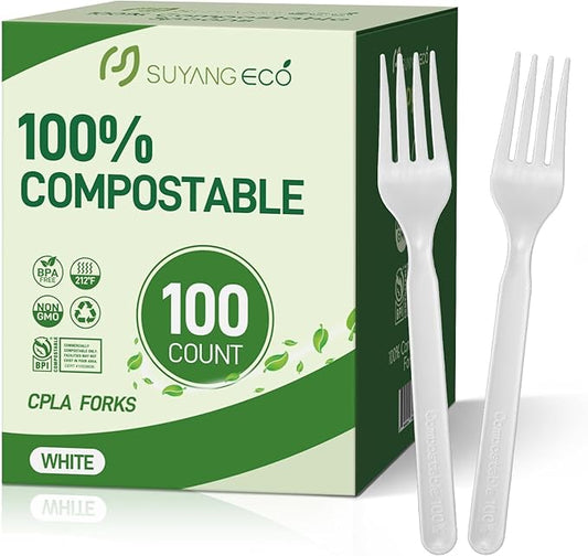 Compostable Disposable Forks 100 Count Compostable Forks Bulk No Plastic Forks Heavy Duty Biodegradable Forks Eco Friendly for Lounge Party Wedding Picnic Camping
