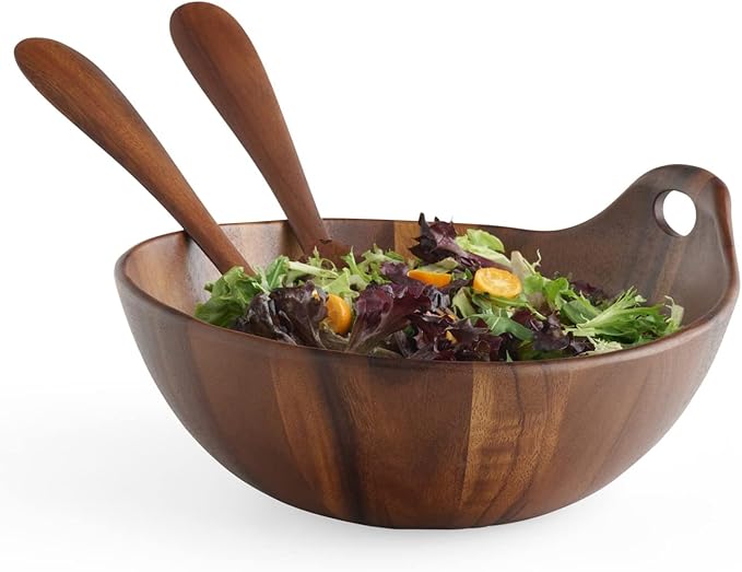 Nambé Portables Collection Salad Bowl – 11” Acacia Wood Serving Bowl with Handle & Matching Servers – Elegant Tableware for Salads, Dining & Entertaining, Contemporary Natural Design