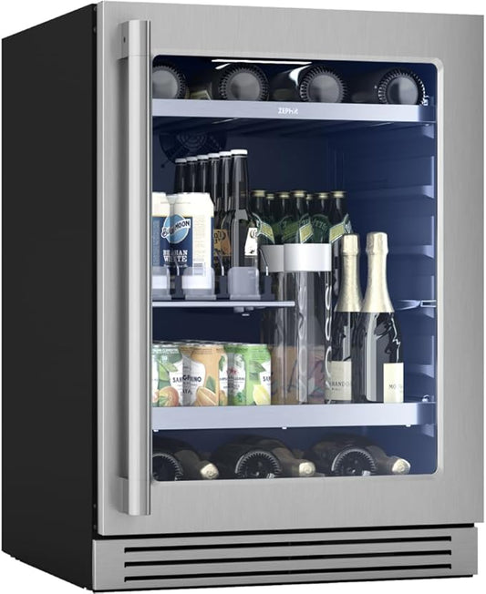 Zephyr 24" Wine Fridge & Beverage Refrigerator Single Zone Under Counter - Mini Wine Cooler Cellars Small Beer Fridge Cabinet Drink Chiller Freestanding Wine Beverage Cooler, 7 bottles,112 cans