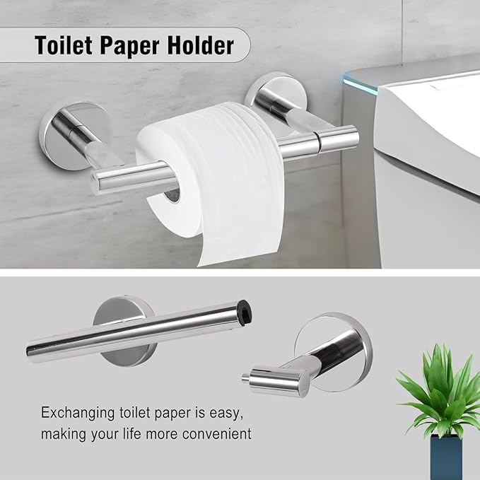 5-Piece Towel Racks for Bathroom, Stainless Steel Bathroom Accessories Set, Bathroom Towel Holder Wall Mounted, Sturdy Bath Towel Bar Set Bathroom Hardware Set (Chrome, 2 Pillar Paper Holder)