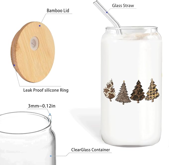 leopard Christmas Tree gifts Glass Coffee Cup With Lid And Straws 14oz - Merry Christmas Drinking Jar Gift For Women Kids Men,Glass Cup For leopard Xmas Decor