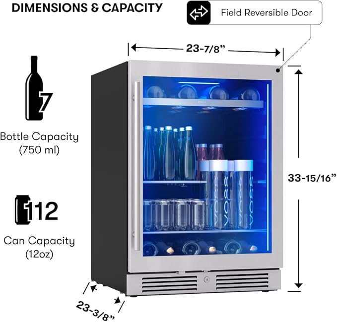 Zephyr Presrv 24 Inch Beverage and Wine Fridge Single Zone Under Counter, Built-in Drink Refrigerator, 7 Bottles, 108 x12oz Cans