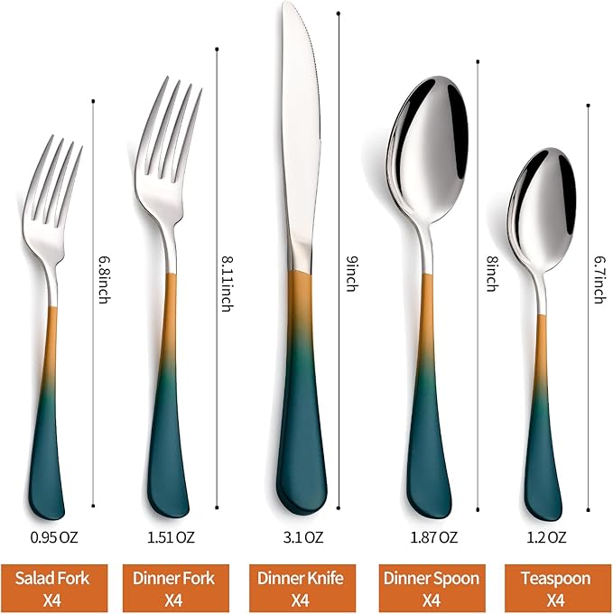 20 Piece Green and Orange 18/0 Flatware Utensil Set for 4, Include Dinner Knife,Dinner Forks,Dinner Spoons,Salad Forks,Teaspoons,Silverware Set for 4, Dishwasher Safe