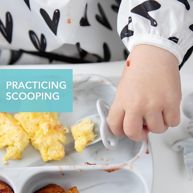 Bumkins Baby Utensils Set, Chewtensils Silicone Spoons for Dipping, Self-Feeding, Baby Led Weaning, Trainer Learning, First Stage Eating, Soft Practice Fork and Spoon, Babies 6 Months, Marble