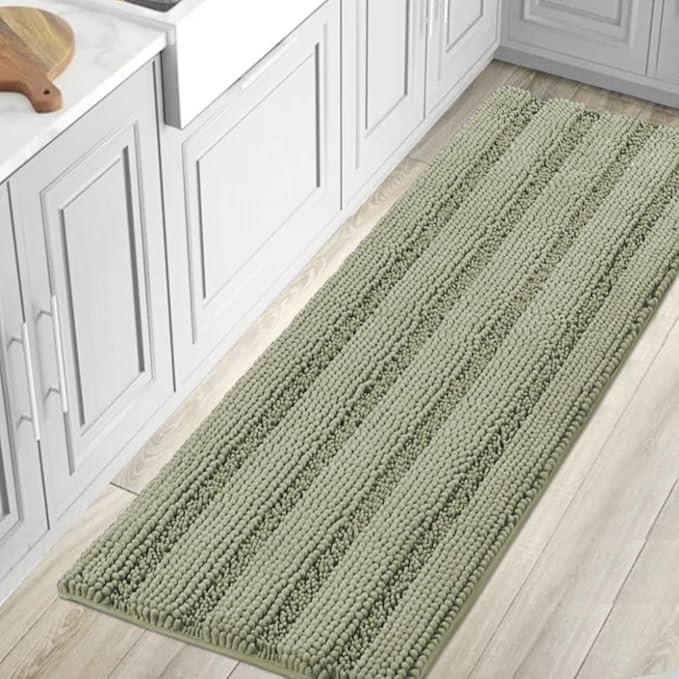 H.VERSAILTEX Bath Rugs for Bathroom Non Slip Bath Mats Thick Chenille Striped Bath Rug Runners 59" x 20" Absorbent Fluffy Soft Shaggy Mats Dry Fast Plush Area Carpet for Bath Room - Eucalyptus Green