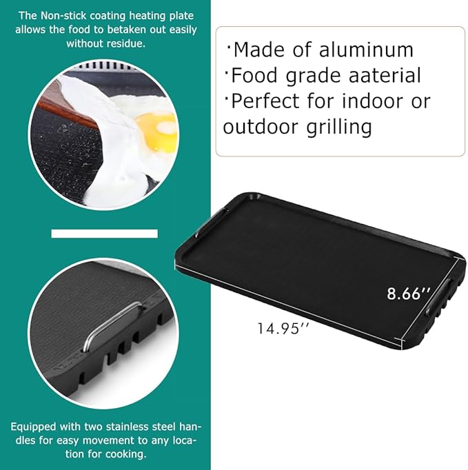 Cusimax Stove Top Griddle, Non-Stick Pancake Griddle, Flat Top Grill for Gas Stove/Charcoal Grills/Smokeless Grills/Outdoor Grill or Campfire, Aluminum, Dishwasher Safe, 14.96" x 8.66"
