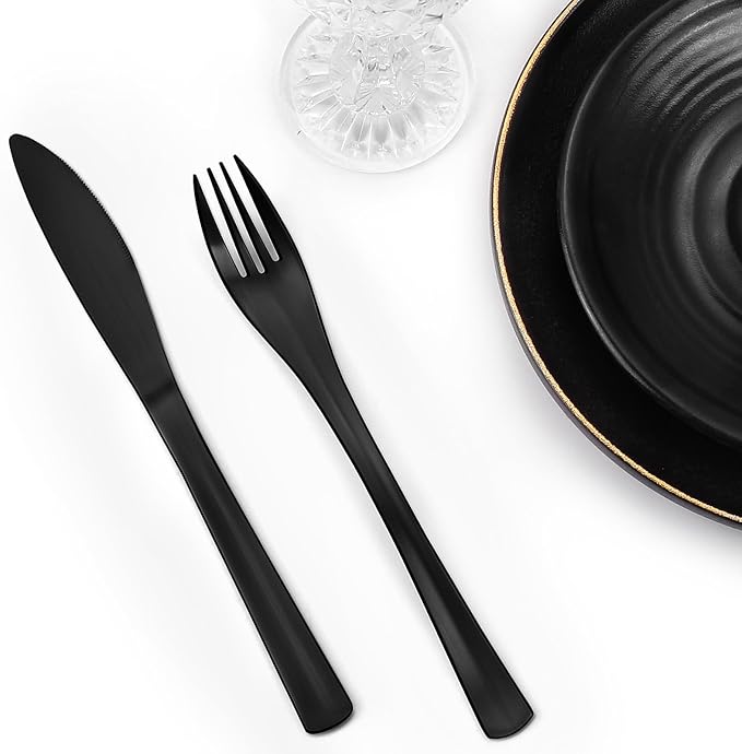 Bysta 12 Piece Black Silverware Set, Knife Fork Spoon Set, Stainless Steel Flatware Cutlery Set, Kitchen Utensil Set Service for 4, Tableware Set for Home and Restaurant, Dishwasher Safe, Satin Finish