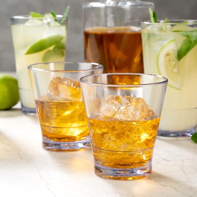 Bev Tek 9 Ounce Plastic Drinking Glasses, 12 Reusable Plastic Cocktail Cups - Shatterproof, Clear Plastic Old Fashioned Glasses, Dishwashable, Stackable - Restaurantware