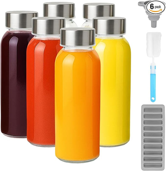 Zukro Glass Water Bottles with Lids 10.5 oz, 6 Pack Clear Reusable Glass Small Juice Bottles With Stainless Steel Cap for Juicing, Milk, Ginger Shot, BPA-Free Leak Proof 300ml Drinking Container Jar