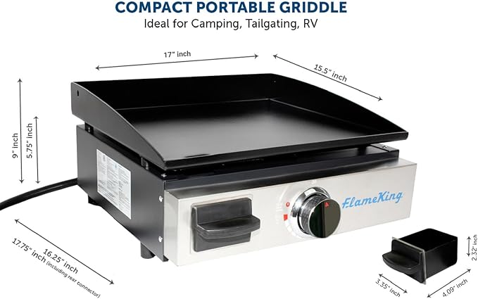 Flame King 17-inch Flat Top Griddle for BBQ Grill w/Regulator, Propane Gas Griddle for RV Pullout Kitchen