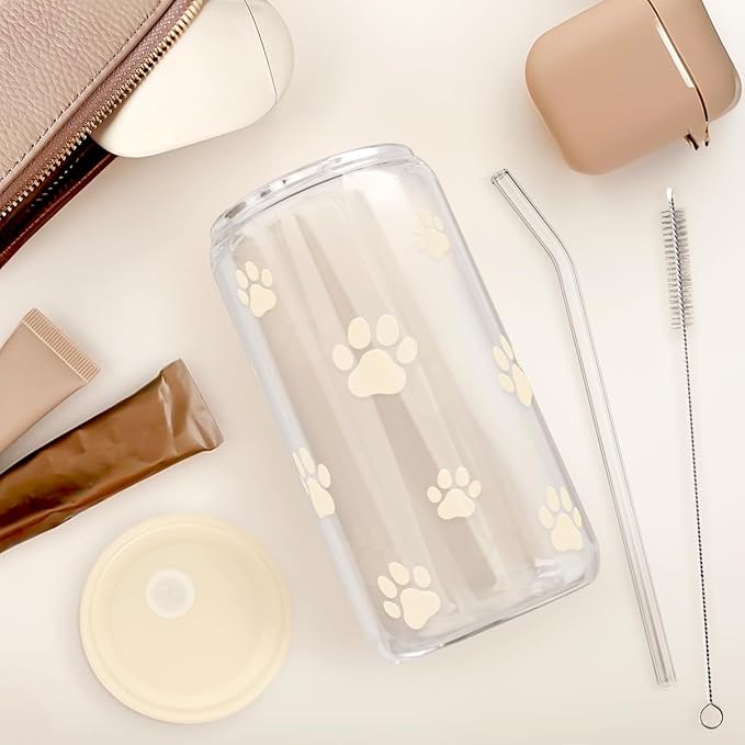 Paw Print 16oz Can Glass Tumbler with Acrylic Lid & Straw - Iced Coffee Cup for Women Cat Dog Mom, Aesthetic Cups Gifts for Birthday Christmas
