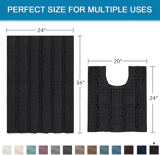 H.VERSAILTEX Bathroom Rugs Bath Rug Set 2 Piece Bathroom Contour Rug Toilet Mat Sets Non Slip Contour Bath Rug Ultra Thick Water Absorbent Striped Bath Mats Washable(36" x 24" Plus 20" x 24" U, Black)