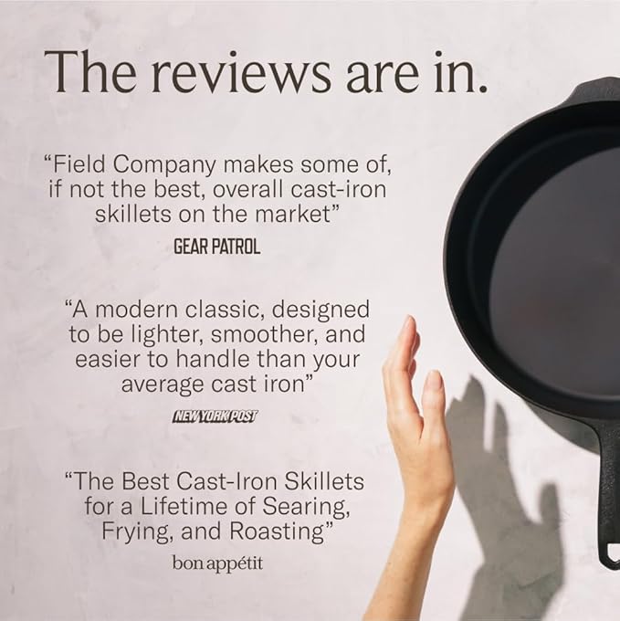 Field Company 13.37 Inch (Extra Large) Cast Iron Skillet – No.12, Perfect for 6-8 Servings, Lightweight & Smooth, Preseasoned with Organic Oil – Made in USA, Non-Toxic, Vintage Design