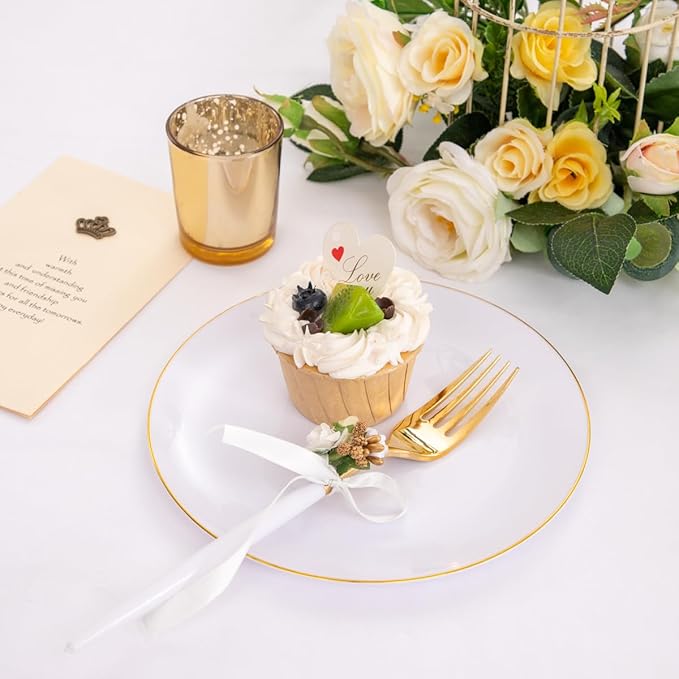I00000 144 Plastic Forks, Disposable Flatware with White Handle, Look Like Gold Cutlery for Party Wedding