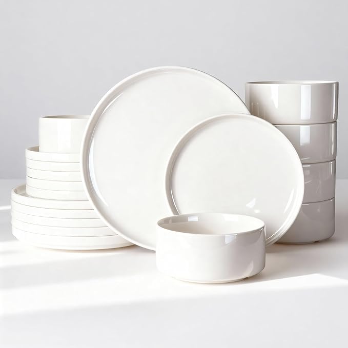 Famiware Porcelain Dinnerware Set, 18-Piece Modern Plate and Bowl Set, dish set for 6, Microwave and Dishwasher Safe Tableware, White