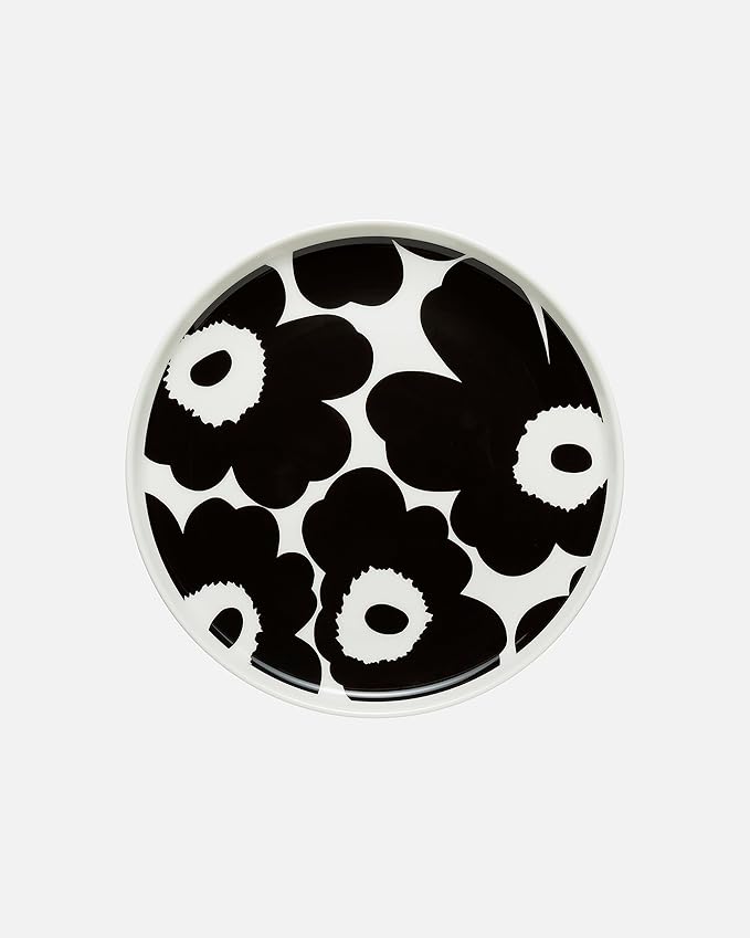 MARIMEKKO Oiva Unikko Kitchen Dish Set (Black) – Floral Stoneware — Plate and Mug set of 2 — 8.8 oz Mugs and 8" Diameter Plates
