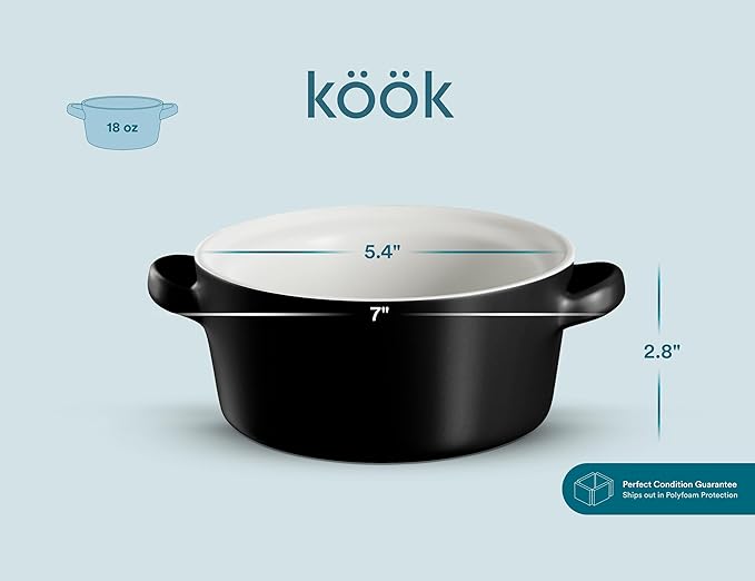 Kook Soup Crocks, Ceramic Stackable Bowls, Broil, Oven, Microwave and Dishwasher Safe, with Handles, For Casserole, Pasta, Cereal, Capacity 18 oz, Set of 4, (Matte Black)