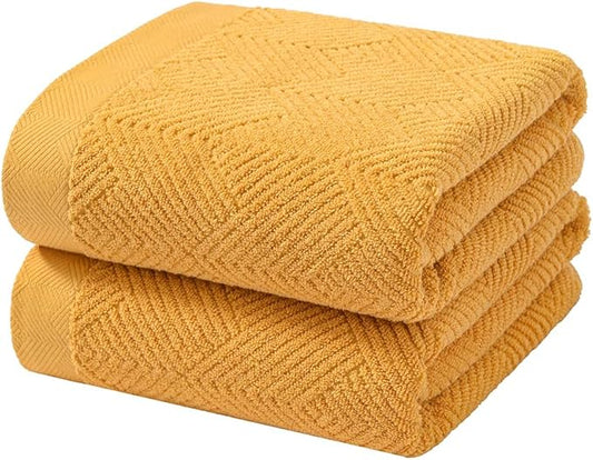 sense gnosis Yellow Bath Towels Set of 2 Striped Weave 100% Terry Cotton Towel Super Soft Highly Absorbent Bath Towel for Bathroom 27" X 55"