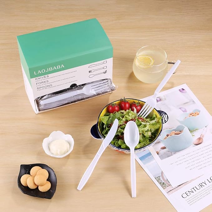 Plastic Spoons Disposable Individually Packaged Spoon White 7Inch Commercial Take Away Spoons Heavy Individually Wrapped 100 PCS