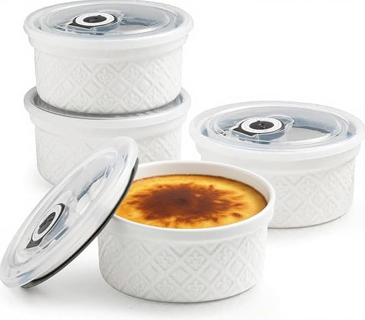 12 oz Ramekin Oven Safe, Creme Brulee Ramekins with Lids, Small White Ceramic Ramekin, Mini Baking Bowls with Cover Set of 4, Ramekins Assorted Sizes