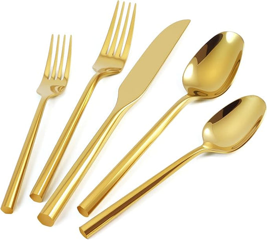 Silverware Set 20-Piece Stainless Steel Mirror Polishing Gold Cutlery, Hand Forged Thick Hexagon Handle Flatware Sets, Service for 4