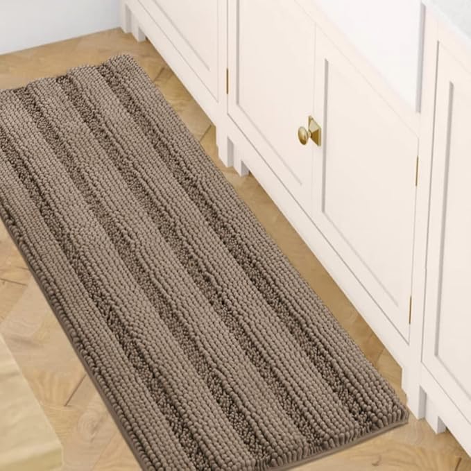 H.VERSAILTEX Bath Rugs for Bathroom Non Slip Bath Mats Extra Thick Chenille Striped Bath Rug Runners 47" x 17" Absorbent Fluffy Soft Shaggy Mats Dry Fast Plush Area Carpet for Bath Room - Taupe Brown