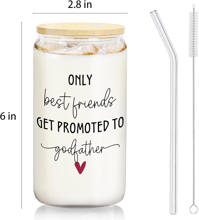 Get Promoted to Godfather Glass Cup with Lids and Straws 14oz, Godfather Gifts from Godchild Glass Coffee Tumbler Drinking Jars with Cleaning Brush