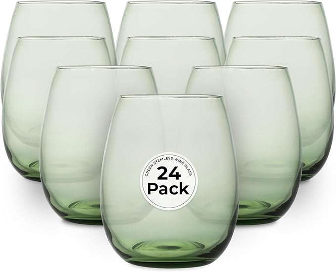 Restaurantware-Vetri 15 Ounce Wine Glasses, 24 Dishwashable Stemless Wine Glasses - No Lead, Durable, Green Glass Cups, For Home, Bar, Or Restaurant, Serve Merlot, Chardonnay, Or Bordeaux