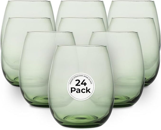 Restaurantware-Vetri 15 Ounce Wine Glasses, 24 Dishwashable Stemless Wine Glasses - No Lead, Durable, Green Glass Cups, For Home, Bar, Or Restaurant, Serve Merlot, Chardonnay, Or Bordeaux