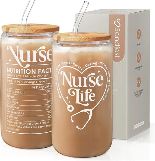 SANDJEST Nurse Life Glass Can Cup with Lid & Straw, Iced Coffee Aesthetic Cups, Idea Gift for Christmas Birthday Mother Day Nurse Week, Gifts for Women Friends, 16oz