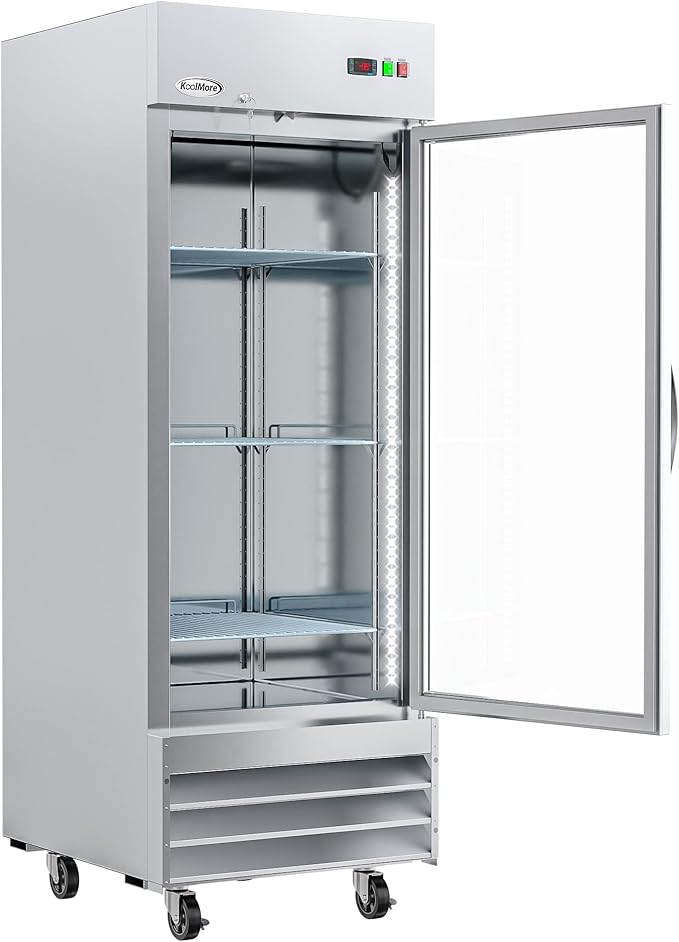 KoolMore Commercial Stainless-Steel Upright Freezer with Reach-In Self-Close Glass Door, 3 Storage Shelves, Heavy-Duty Caster Wheels, Frost-Free Temperature Control - 23 Cu.Ft [Silver] (RIF-1D-GD)
