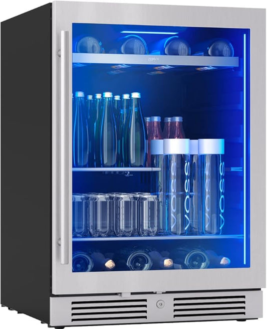 Zephyr Presrv 24 Inch Beverage and Wine Fridge Single Zone Under Counter, Built-in Drink Refrigerator, 7 Bottles, 108 x12oz Cans