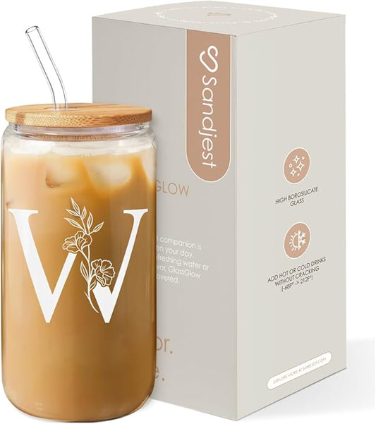SANDJEST Monogrammed Gifts for Women - Monogram W Initial Glass Cup 16 Oz Can Coffee Cups with Lid and Straw - Monogram Initials Gifts for Womens on Birthday