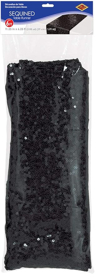 Beistle Sequined Fabric Table Runner Awards Night Decorations New Year's Eve Party Supplies Bridal Tableware, 11.25" x 75", Black