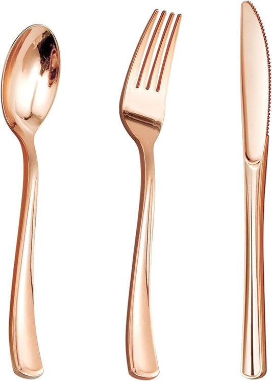 Goodluck 150PCS Rose Gold Plastic Silverware, Rose Gold Utensil Disposable, Plastic Cutlery Set of 50 Forks, 50 Spoons, 50 Knives for Wedding, Party, Valentines