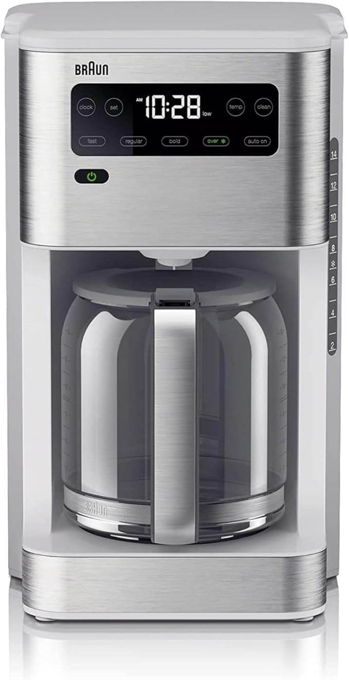 Braun PureFlavor 14‑Cup Programmable Coffee Maker – Fast Brew Speed, Touch Display, Bold & Brew‑Over‑Ice Modes, FlavorCarafe & Adjustable Warm Plate, White