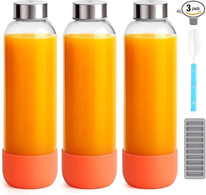 Zukro 32 oz Glass Juice Bottles With Lids, 3 Pack Large Clear Glass Bottle with Airtight Stainless Steel Lids For Juicing, Water, Homemade Drinks, Non-slip Silicone Base, Leak Proof & BPA Free