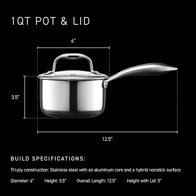 HexClad Hybrid Nonstick 1-Quart Saucepan with Tempered Glass Lid, Stay-Cool Handle, Dishwasher-Friendly, Oven-Safe Up to 900°F, Induction Ready, Compatible with All Cooktops