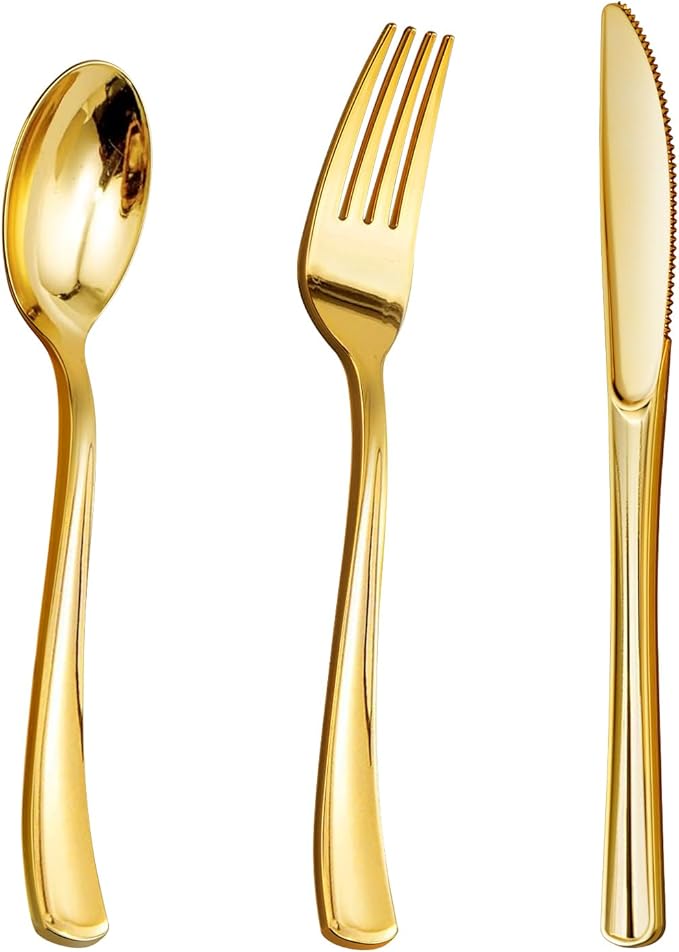 Goodluck 500PCS Gold Plastic Silverware, Gold Utensils Disposable, Plastic Cutlery Set of 200 Forks, 150 Spoons, 150 Knives for Wedding, Party, Birthday, Holidays