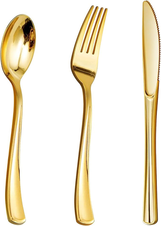 Goodluck 500PCS Gold Plastic Silverware, Gold Utensils Disposable, Plastic Cutlery Set of 200 Forks, 150 Spoons, 150 Knives for Wedding, Party, Birthday, Holidays