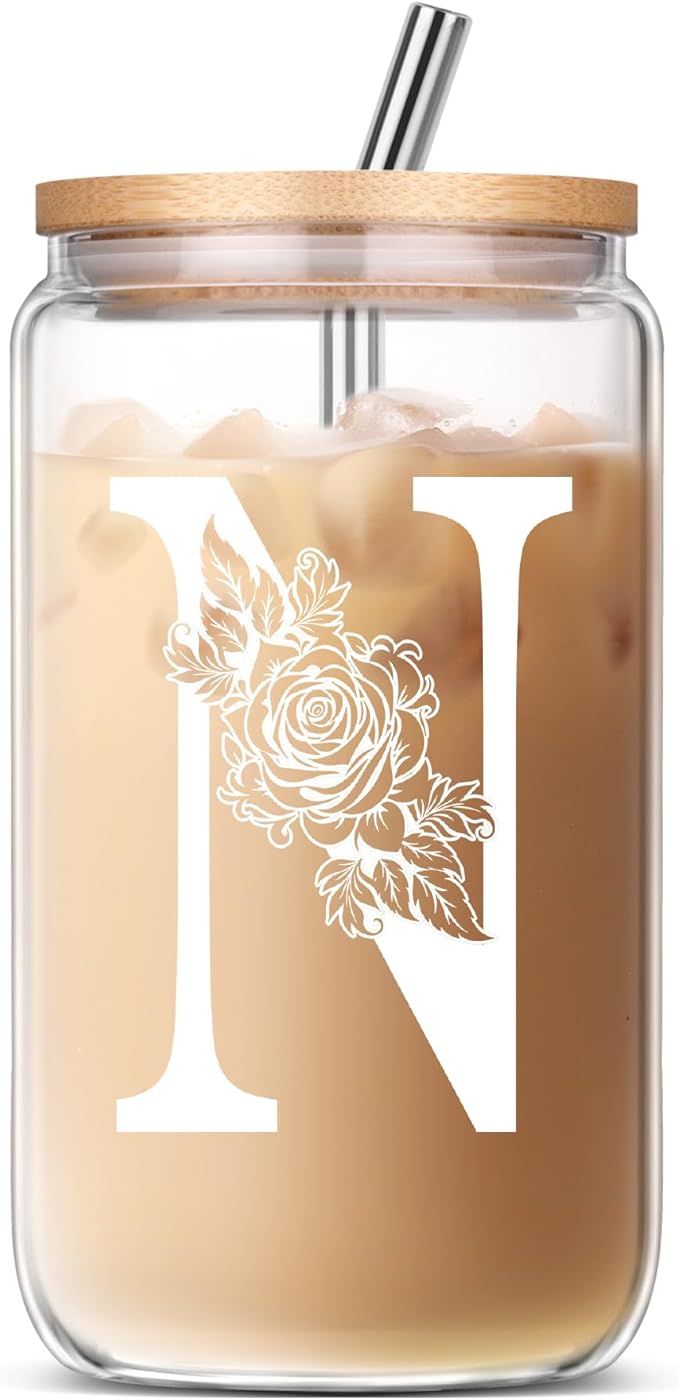 Gifts for Women, Personalized Monogrammed Gifts for Sister Mom Friend Wife, Birthday & Ideas 2024 - Cute Iced Coffee Glass Cups with Lids and Straws