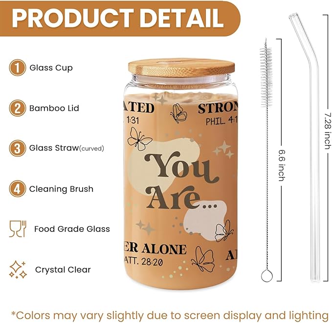 Christian Gifts for Women - Inspirational 16 Oz Can Glass Coffee Cup with Bamboo Lid & Straw- Religious, Motivational Catholic Gifts for Womens Ladies on Birthday