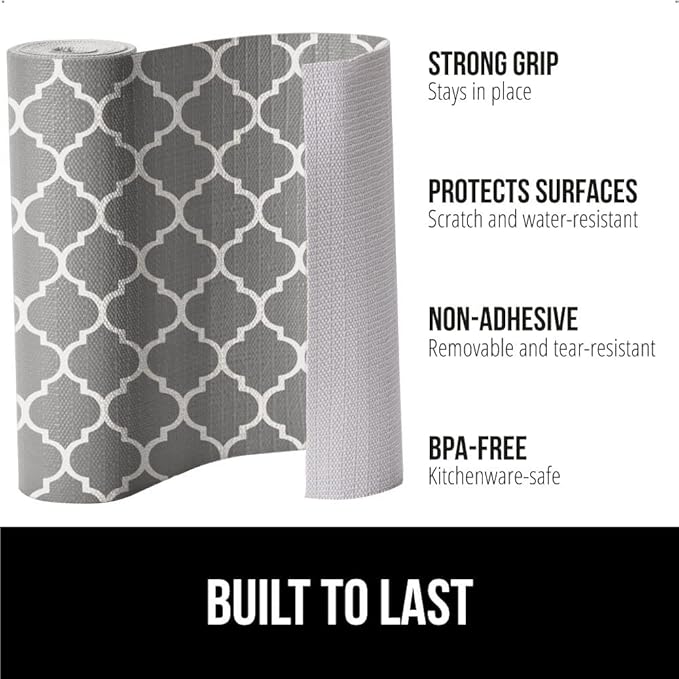 GORILLA GRIP Slip Resistant Drawer and Shelf Liner 2 Pack, Non Adhesive Water Resistant, Easy Clean and Trim, Smooth Surface Liners for Kitchen Cabinet Shelves Drawers Pantry 12 IN x 10 FT, White Gray