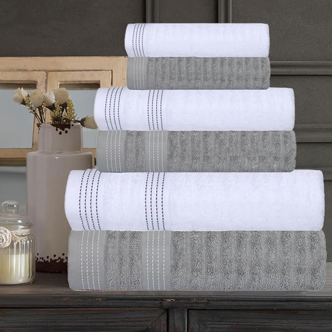 CASA COPENHAGEN Elegance 6 Pieces Towel Set- Grey Violet + White, 550 GSM 2 Bath Towel 2 Hand Towel 2 Washcloth, Designed in Denmark Made of Soft Egyptian Cotton for Bathroom, Kitchen and Shower