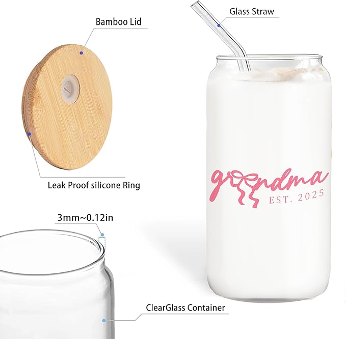 Grandma Glass Cup with Lids and Straws 14oz, Best Mother's Day Birthday Gifts for Grandma from Grandkids, Grandmother Gifts Glass Iced Coffee Tumbler Drinking Jars with Cleaning Brush