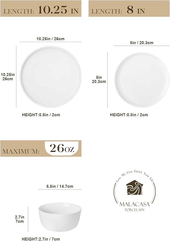 MALACASA 24 Pieces Gourmet Porcelain Dinnerware Sets, Premium Plates and Bowls Set, High-Fired Ceramic Dishes Set for 8, Chip & Scratch Resistant, Microwave Dishwasher Safe, White, Series LEXI