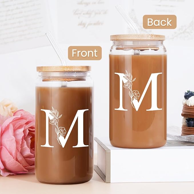 SANDJEST Monogrammed Gifts for Women - Monogram M Initial Glass Cup 16 Oz Can Coffee Cups with Lid and Straw - Monogram Initials Gifts for Womens on Birthday