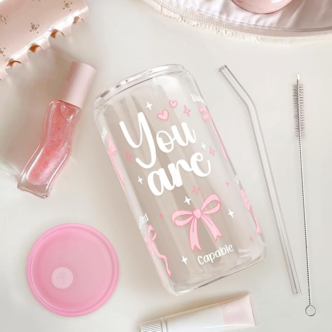 Christian 16oz Can Glass Tumbler with Acrylic Lid & Straw, Iced Coffee Cup for Women Girls, Aesthetic Cups Gifts for Birthday Christmas