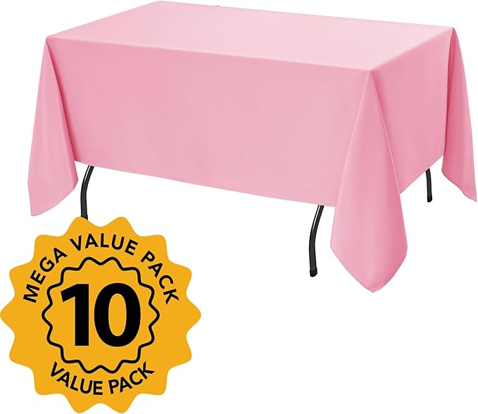 10-Pack Pink Tablecloths for Rectangle Tables, 60 x 120 Inches, Stain-Resistant Polyester Fabric for 6 Foot Tables - Washable Table Covers for Weddings, Banquets, Birthday Parties, Events
