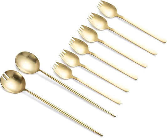 8-Piece Gold Salad Serving Set - 11.4 inch Stainless Steel Spoon & Fork with 6 Salad Forks, Titanium Plating, Dishwasher Safe for Entertaining, Parties